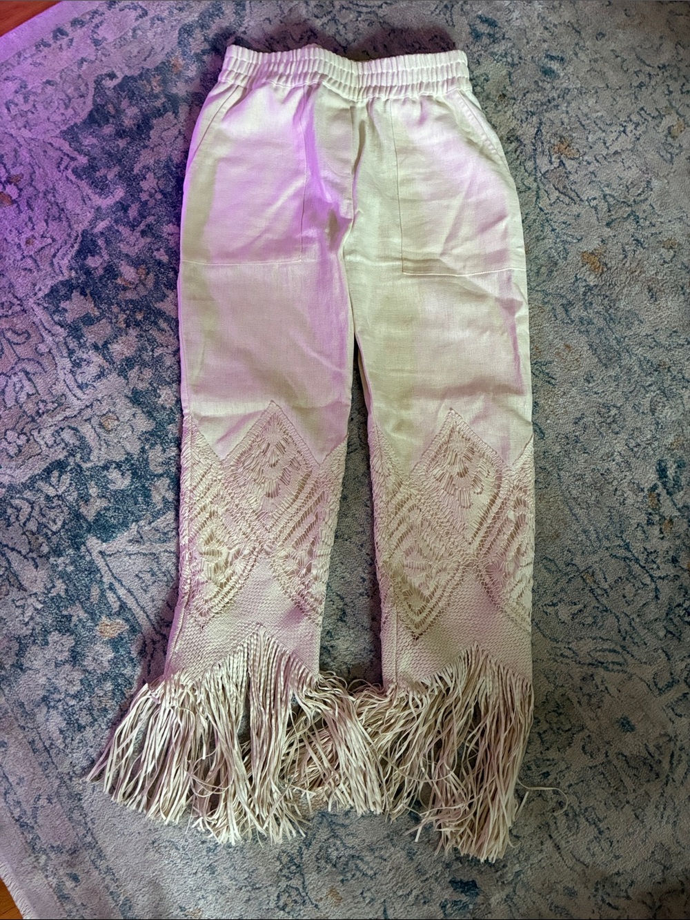 Boho Fringe Wide-Leg Pants - Cream - Linen
